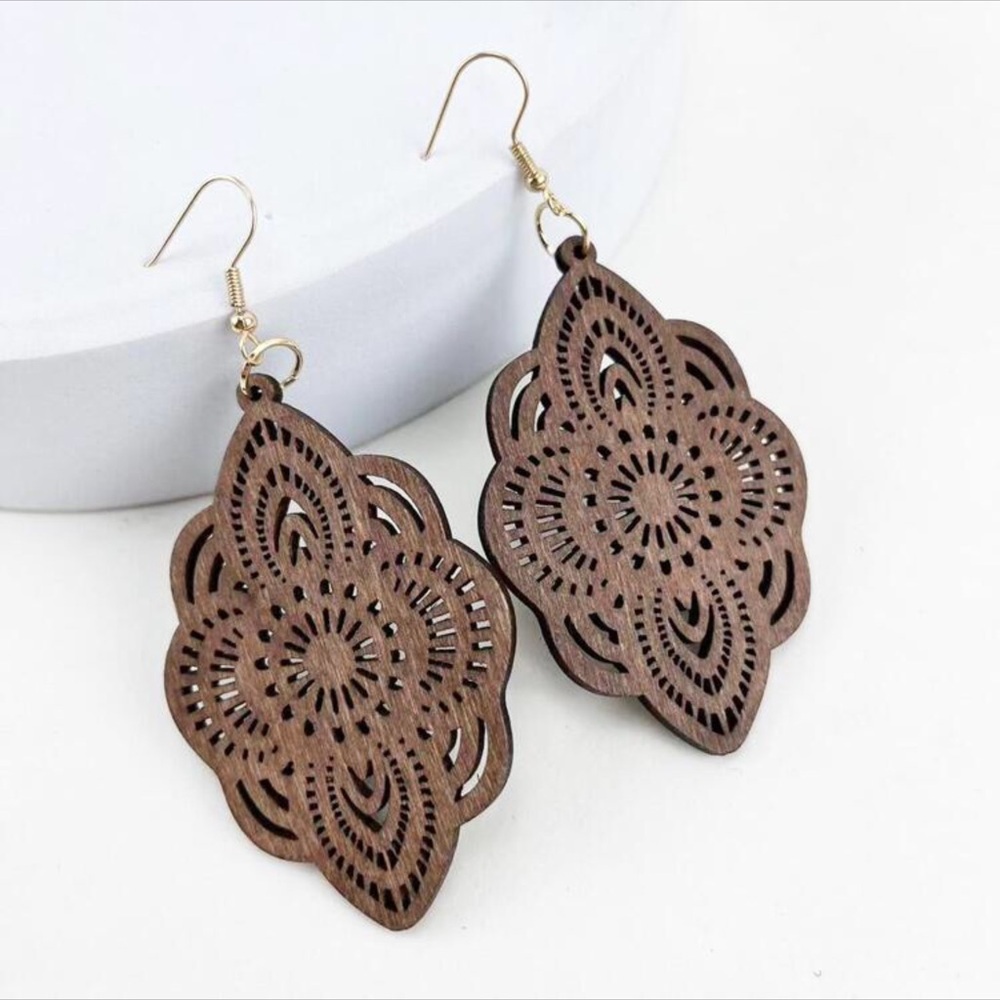Light weight wood cutout dangle earrings brown western tribal craft